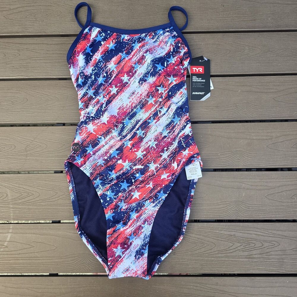 TYR Women's Durafast Elite Red/white/blue Homeland CutoutfirltSwimsuit Sz 28 New
